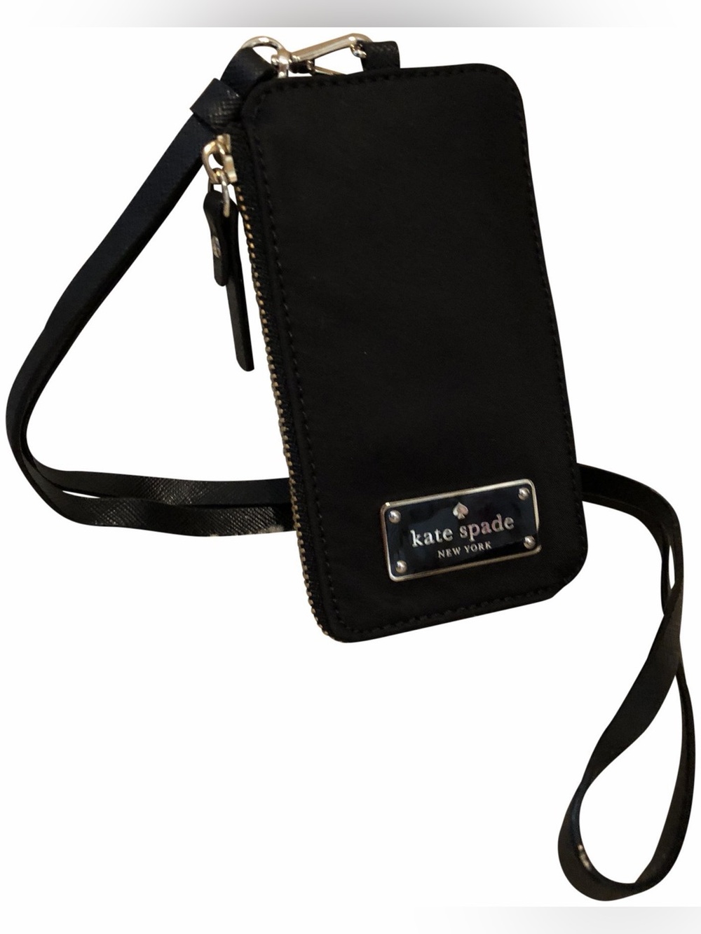 kate spade Black Nylon ID card with Gold Plaque and lanyard strap